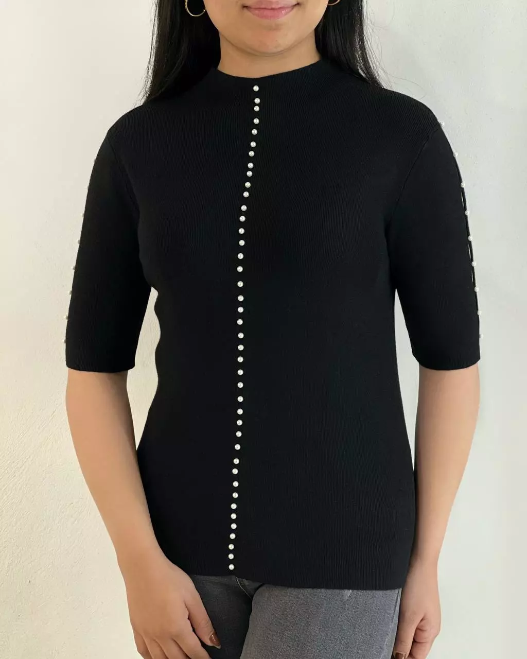بلوز بافت استین سه ربع مروارید کد 5399