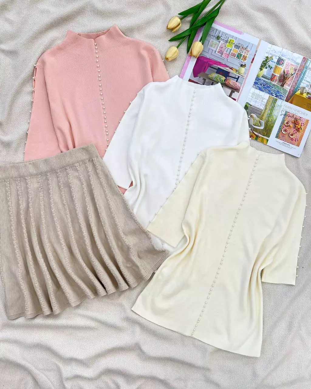 بلوز بافت استین سه ربع مروارید کد 5399