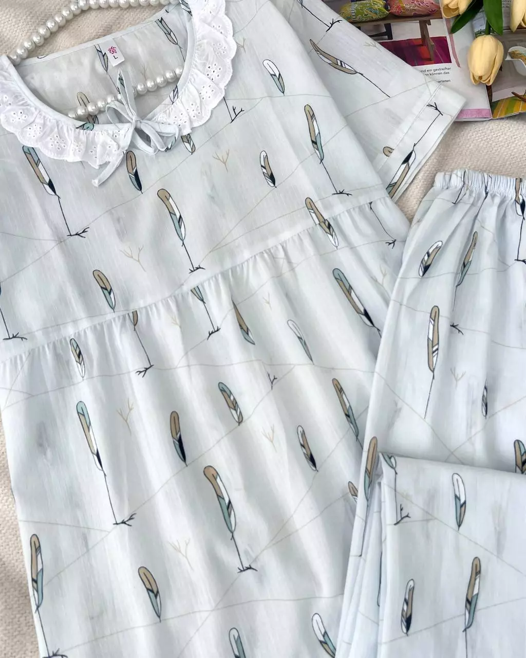 ست بلوز و شلوار نخی استین بلند کد 5447