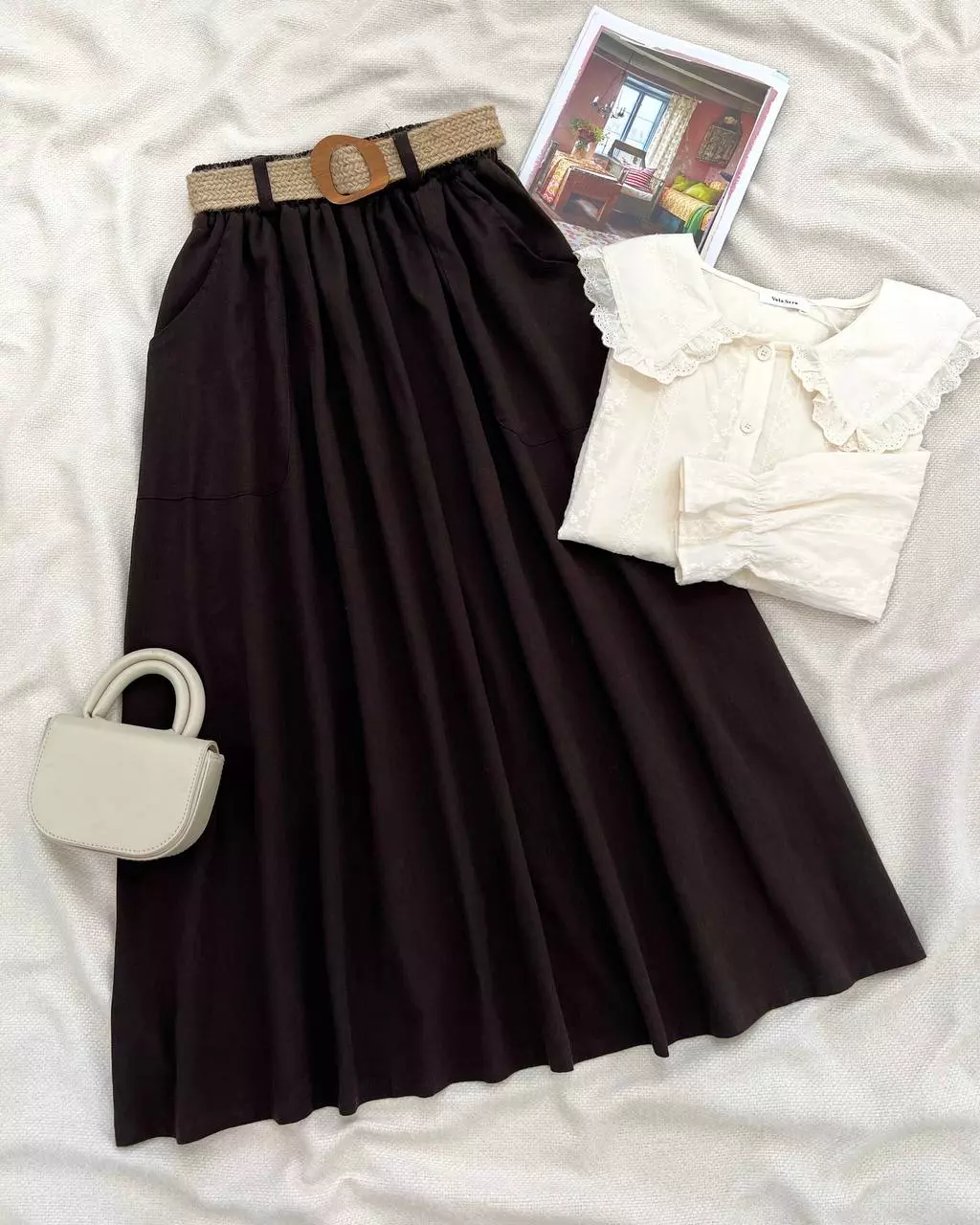 دامن کتان تمام کلوش بهمراه کمربند کنف کد 5540