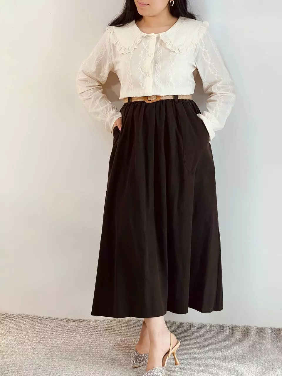 دامن کتان تمام کلوش بهمراه کمربند کنف کد 5540