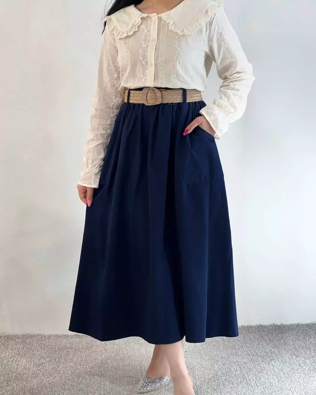 دامن کتان تمام کلوش بهمراه کمربند کنف کد 5540