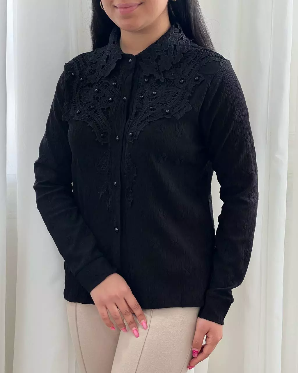 شومیز جلو دکمه مزونی دو رنگ کد 5551