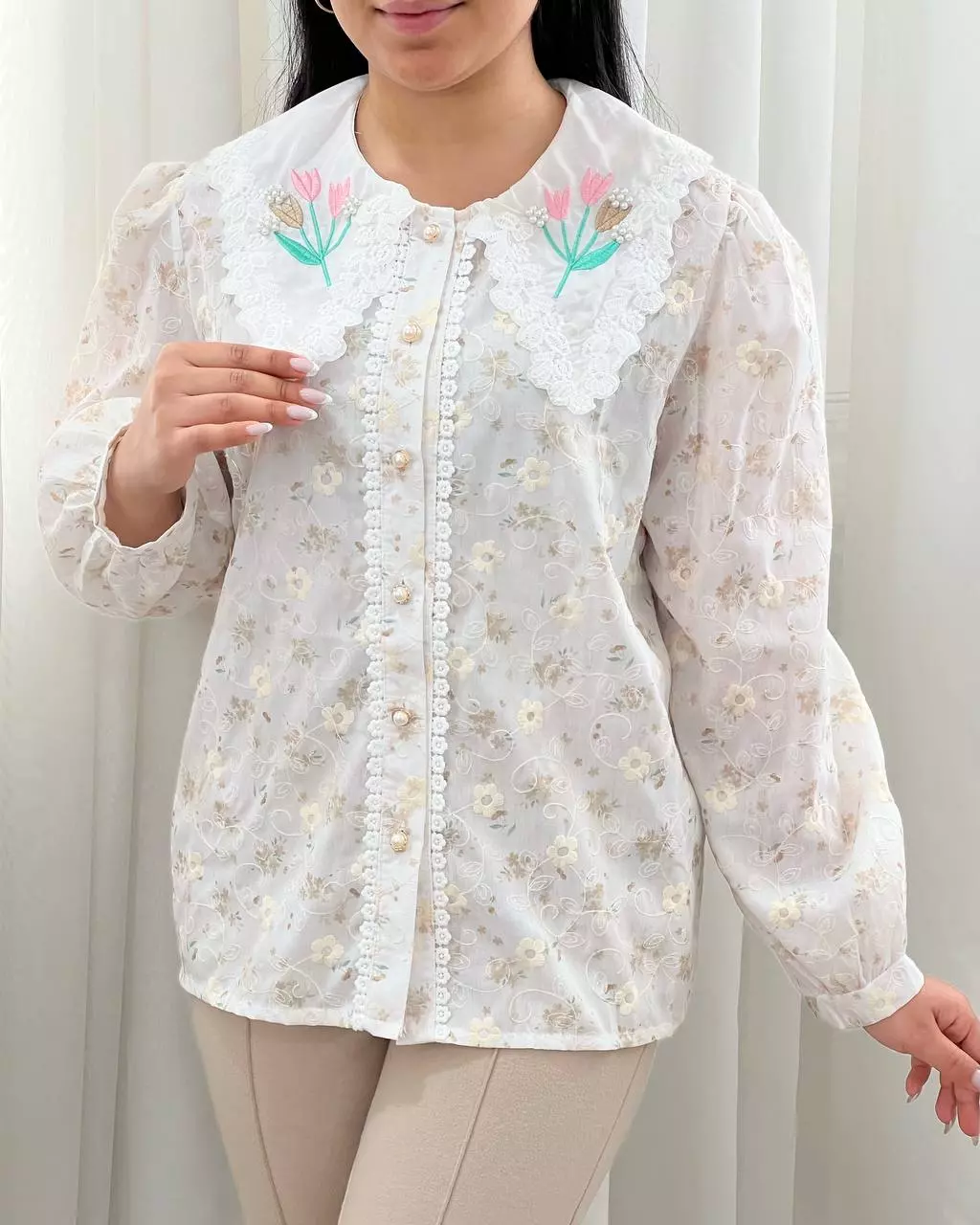 شومیز تمام خامه دوزی یقه گلدوزی کد 5562