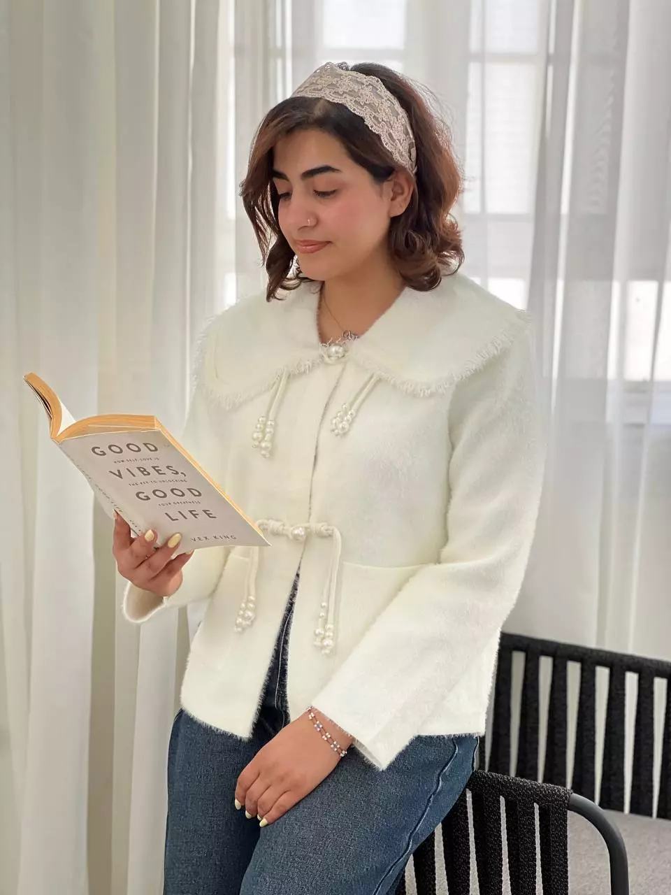ژاکت بافت موهر دکمه مروارید کد 5771