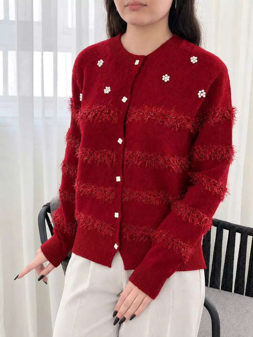 ژاکت بافت جلو مروارید کد 5895
