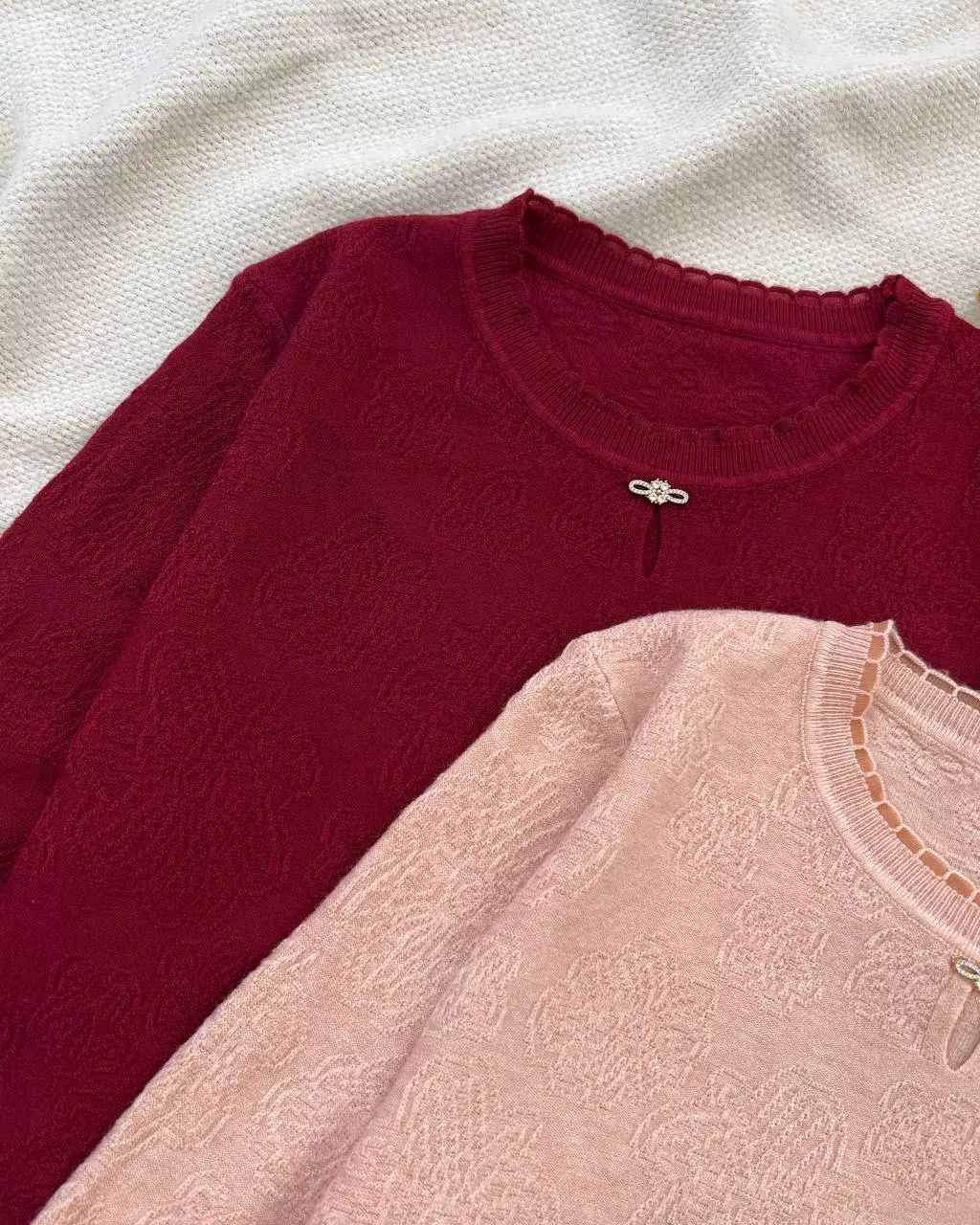 بلوز بافت آستین سه ربع یقه پاپیون کد 5297