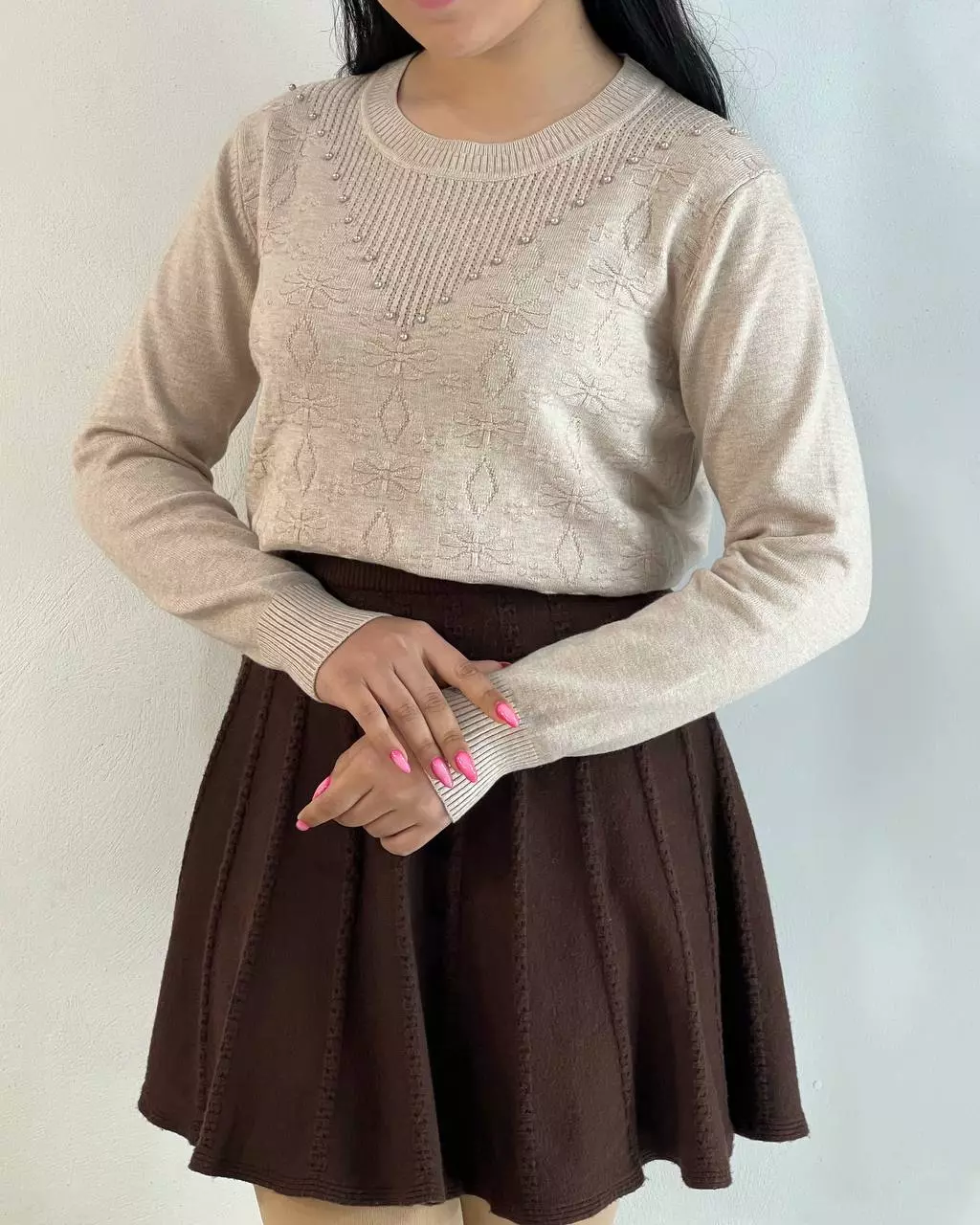 پلیور بافت گل برجسته یقه مروارید کد 5483