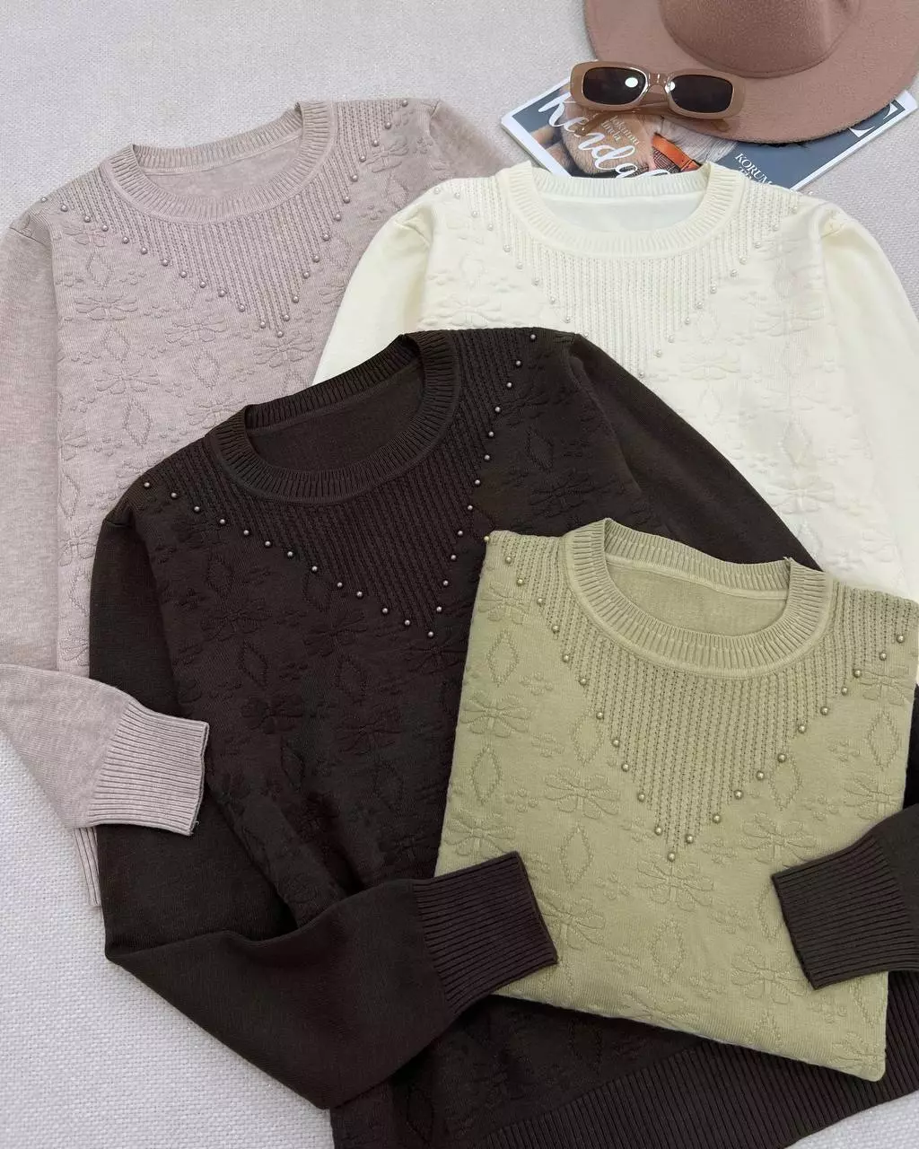 پلیور بافت گل برجسته یقه مروارید کد 5483