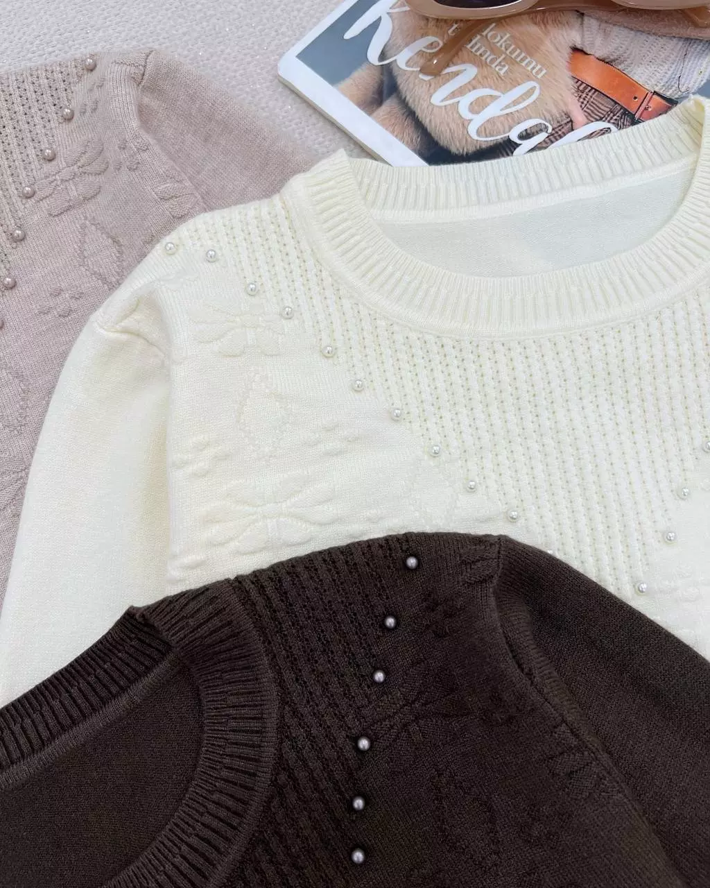 پلیور بافت گل برجسته یقه مروارید کد 5483