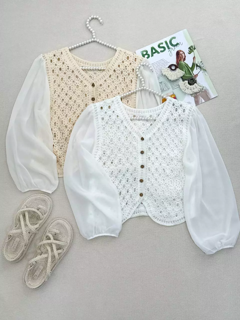 شومیز قلاب بافی استین حریر جلو دکمه کد 5602