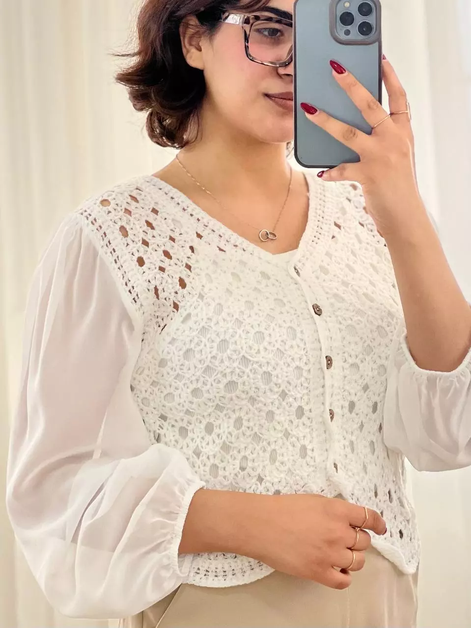 شومیز قلاب بافی استین حریر جلو دکمه کد 5602